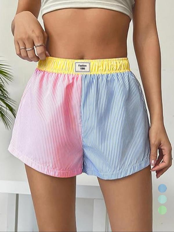 Women's Patchwork & Striped Print Elastic Waist Shorts, Casual Letter Patched Shorts, Shorts for Women, Comfy Shorts, Women's Bottoms for Daily Wear, Going Out Bottoms