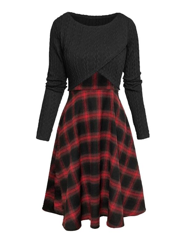 Women's Solid Wrap Hem Round Neck Textured Long Sleeve Crop Top & Plaid Print A-line Dress Suits Set, Preppy Fashion Comfort Skirt Set for Women's Clothing for Fall, Womenswear, Teacher Outfits 2024 Hoco Dresses