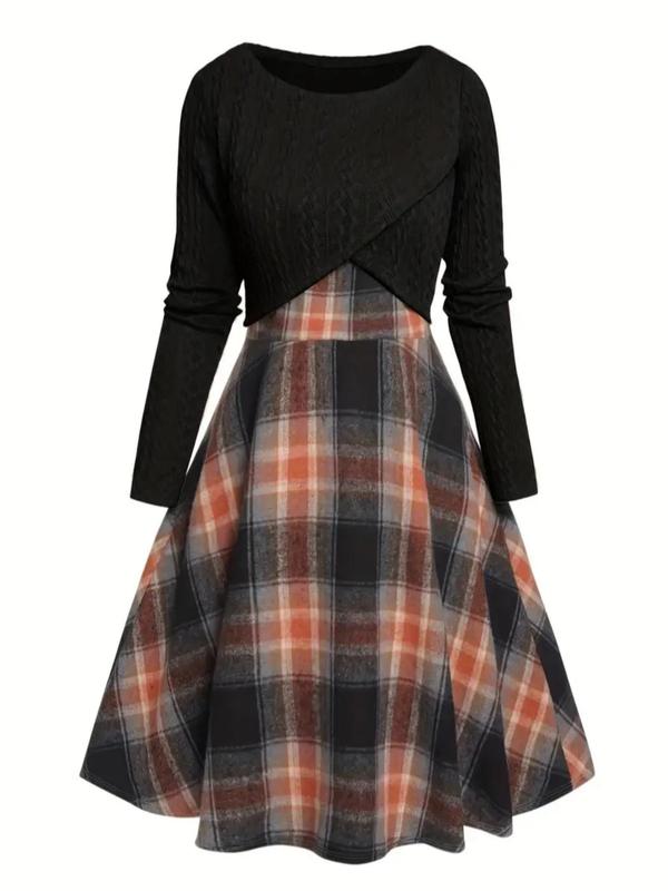 Women's Solid Wrap Hem Round Neck Textured Long Sleeve Crop Top & Plaid Print A-line Dress Suits Set, Preppy Fashion Comfort Skirt Set for Women's Clothing for Fall, Womenswear, Teacher Outfits 2024 Hoco Dresses