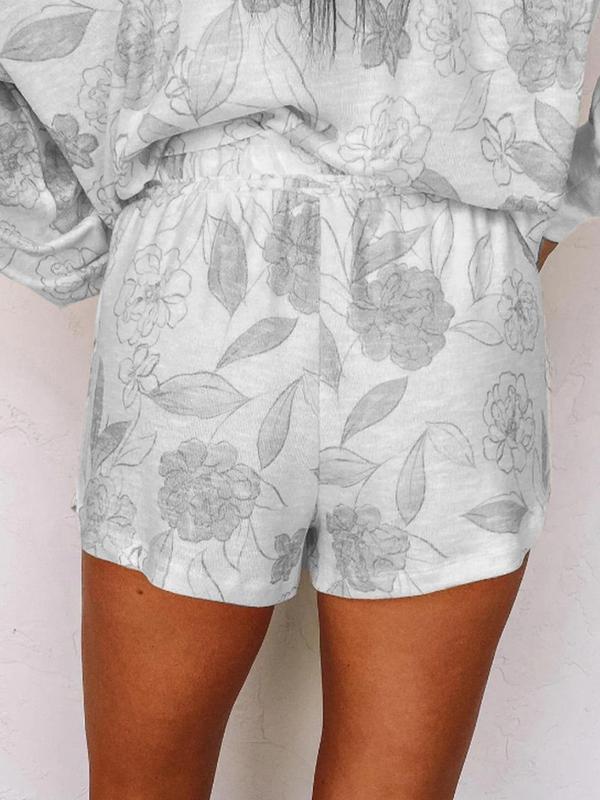 Women's Floral Leaf Print Drop Shoulder Loungewear Set, Casual Long Sleeve Top & Elastic Waist Shorts Set for Fall, Fashion PJ for Lady, Fall Clothes, Women's Sleepwear & Homewear, Fall Wear 2024, Lounge Co-ord Set for Women, PJ Sets for Women