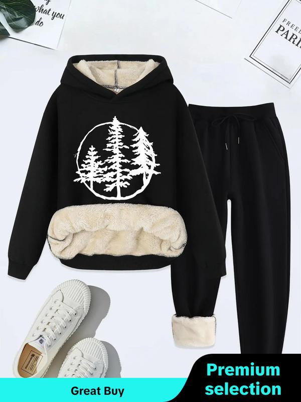 Women's Tree Print Hoodie & Drawstring Waist Pocket Sweatpants Two-piece Set, Casual Plush Lined Long Sleeve Hooded Sweatshirt & Jogger Pants for Fall & Winter, Women's Clothes for Daily Wear, Sweatshirts