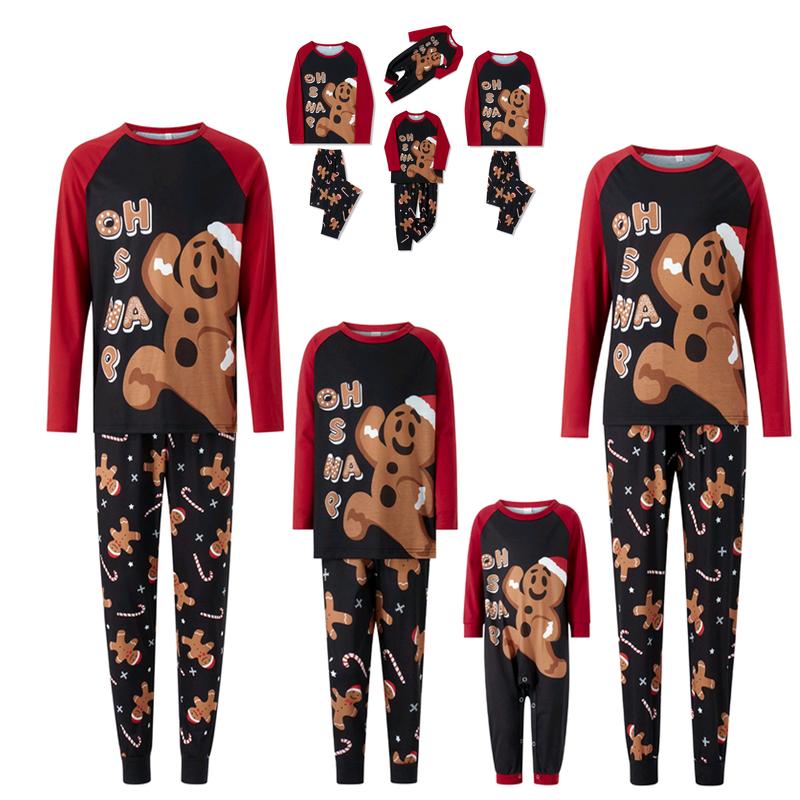 Gingerbread Man Print Matching Christmas Pajamas For Family, Long Sleeve Gingerbread Man Print Tops + Pants Set