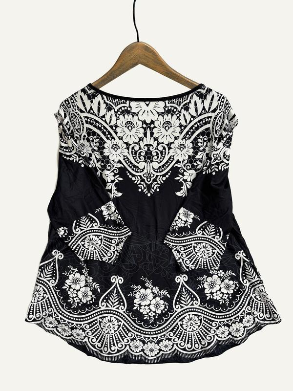 Plus Size Paisley Print Button Front Tee, Boho Notched Neck Flounce Sleeve Top for Women, Women's Plus Clothing for All Seasons