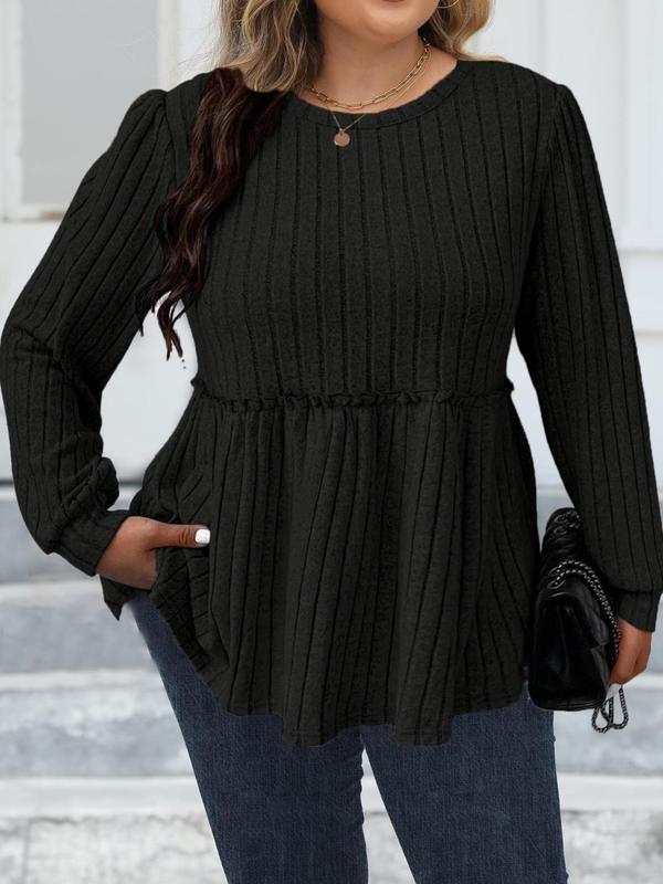 Plus Size Striped Frill Trim Peplum Bishop Sleeve Tee, Casual Long Sleeve Round Neck T-shirt for Fall & Winter, Women's Plus Top Clothing for Daily Wear, Fall Clothes Downtown Girl Clothes