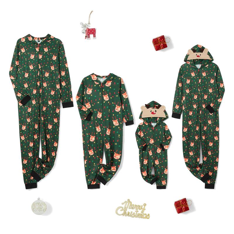 Family Christmas Pajamas Couples Kids Matching Lounge Sets Long Sleeve Hooded Deer Print Zipper Jumpsuit Sleepwear