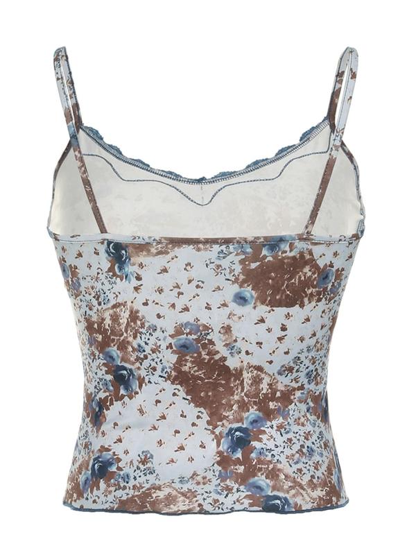 Women's All Over Floral Print Contrast Lace Cami Top, Y2K Casual Sleeveless Top for Fall & Winter, Women's Clothes for Daily Wear