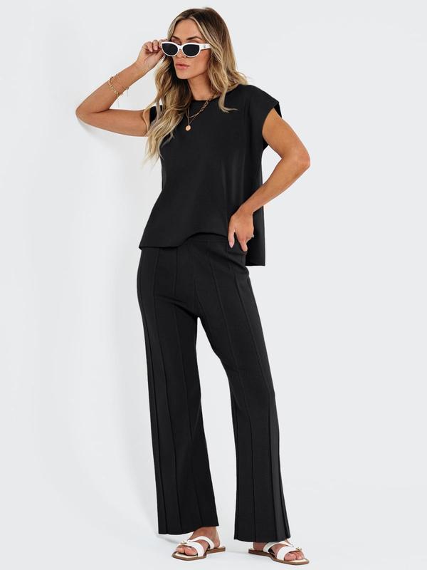 Two-piece Set Women's Solid Color High Low Hem Top & Pleated Straight  Leg Pants Loungewear, Casual Comfy Split Hem Top & Trousers Pj Set, Ladies Sleepwear for All Seasons