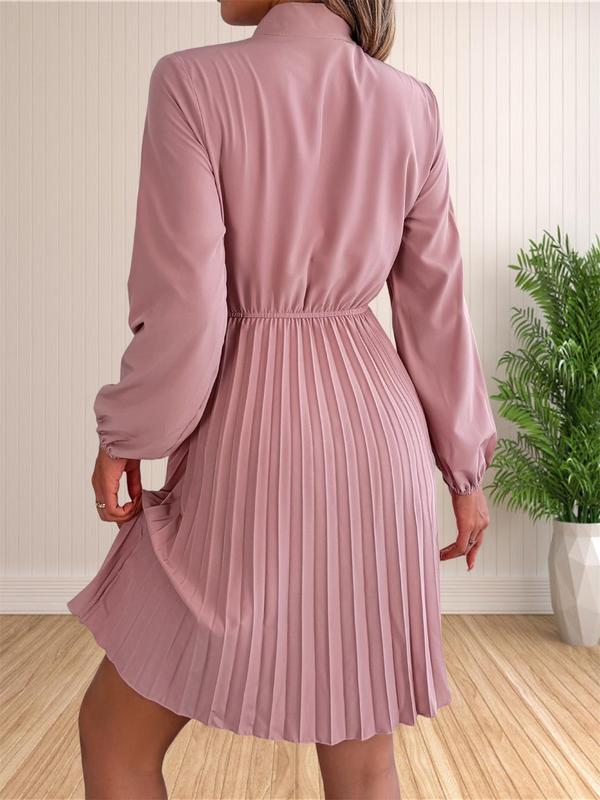 Women's Plain Knot Front Pleated A Line Dress, Elegant Bishop Sleeve Tie Neck Short Dress for Fall & Winter, Women's Clothing for Daily Wear