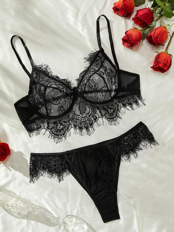  Contrast Lace Bra & High Cut Panty, Soft Comfortable Breathable Lingerie Set for Daily Wear, Women's Underwear Set for All Seasons