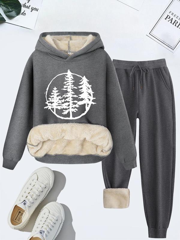 Women's Tree Print Hoodie & Drawstring Waist Pocket Sweatpants Two-piece Set, Casual Plush Lined Long Sleeve Hooded Sweatshirt & Jogger Pants for Fall & Winter, Women's Clothes for Daily Wear, Sweatshirts