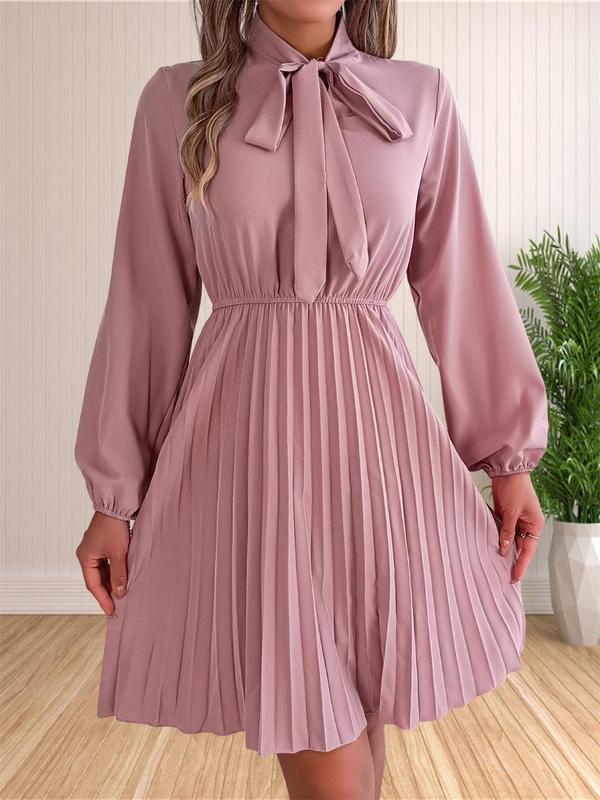 Women's Plain Knot Front Pleated A Line Dress, Elegant Bishop Sleeve Tie Neck Short Dress for Fall & Winter, Women's Clothing for Daily Wear