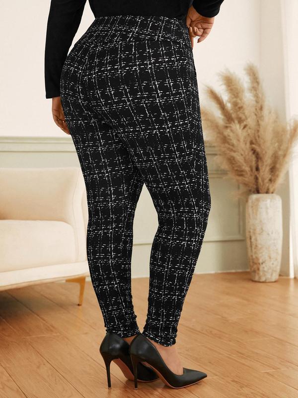 CURVZY Plus Size Plaid Print High Waist Skinny Pants, Casual Comfy Button Pocket Trousers for Daily Wear, Women's Bottoms for All Seasons