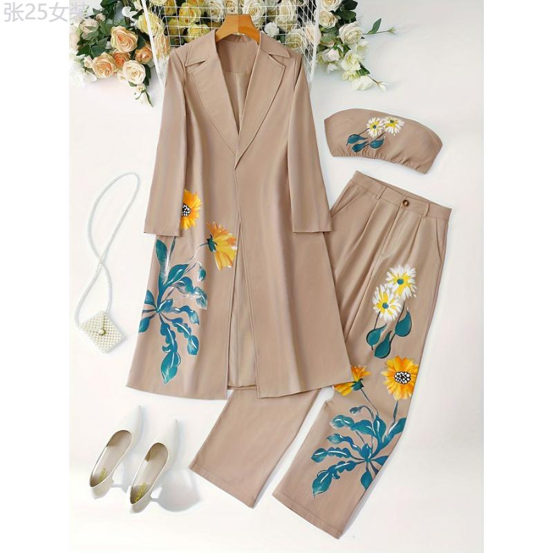 3-Piece Set Polyester Women's Elegant Blazer Suit Set With Long Sleeve, Floral Print, Autumn Winter Office Wear Fabric Womenswear