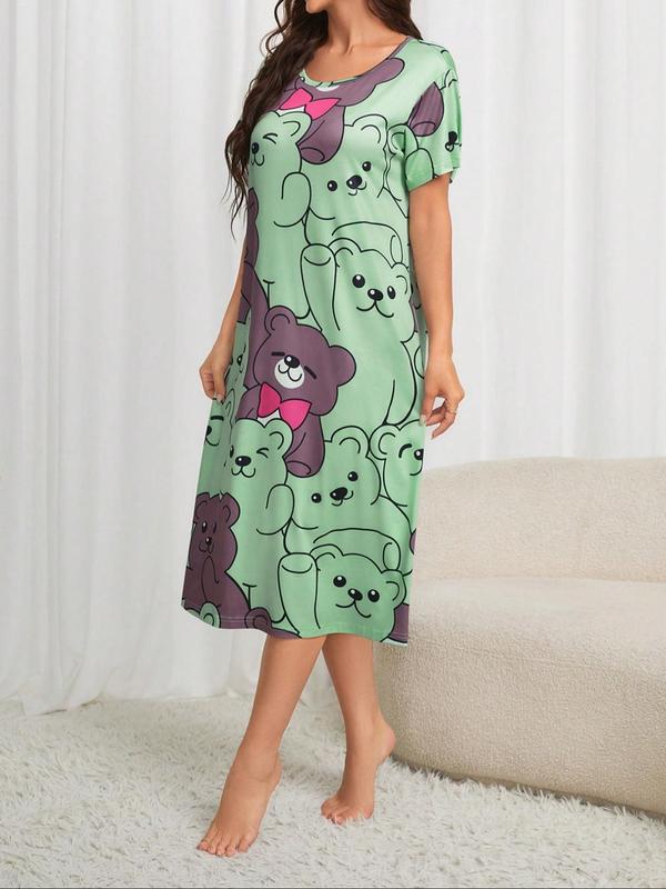 Women's All Over Cartoon Bear Print Round Neck Nightdress, Casual Comfortable Short Sleeve Nightgown for Summer, Ladies Sleepwear for Indoor Wear