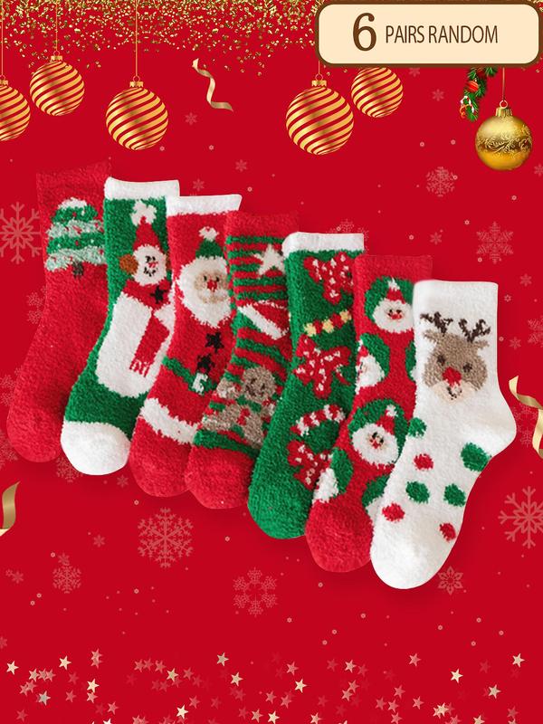 Random Women's Christmas Themed Print Crew Socks, 6 Pairs Casual Soft Comfortable Warm Fuzzy Socks for Fall & Winter, Women's Floor Socks for Daily Wear