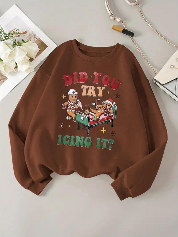 Women's Cartoon Gingerbread Man & Letter Print Drop Shoulder Sweatshirt, Casual Long Sleeve Round Neck Pullover for Daily Wear, Ladies Clothes for All Seasons