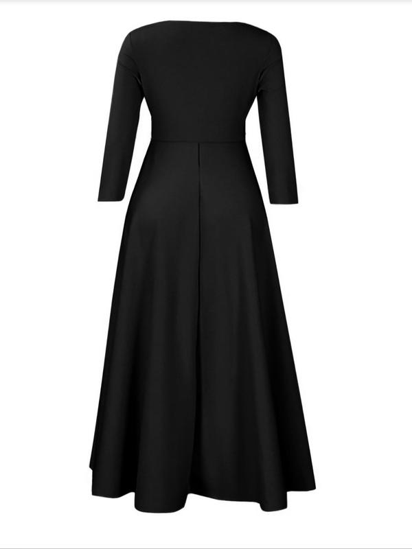  Solid Color Tie Front Boat Neck A Line Dress, Elegant 3 4 Sleeve High Waist Dress for Party Holiday Wedding Guest, Women's Clothes for Fall & Winter