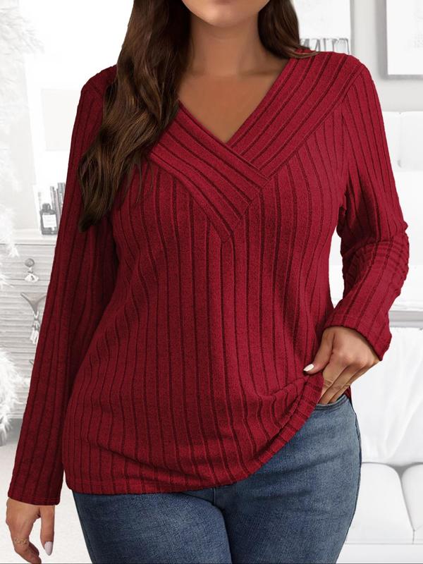  Solid V Neck Ribbed Tee, T Shirts for Women, Casual Long Sleeve T-shirt for Fall & Winter, Women's Clothing for Daily Wear