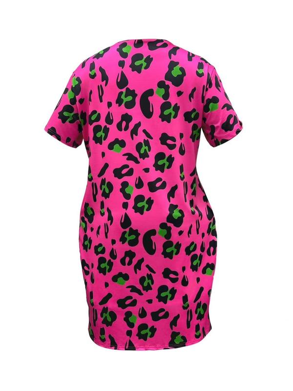 Plus Size Leopard Print Drop Shoulder Shortsleeve Pocket Loungewear Nightdress, Lady Casual Soft Comfortable Short Sleeve V Neck Nightgown for Women Homewear, Women's Sleepwear for All Seasons, Womenswear