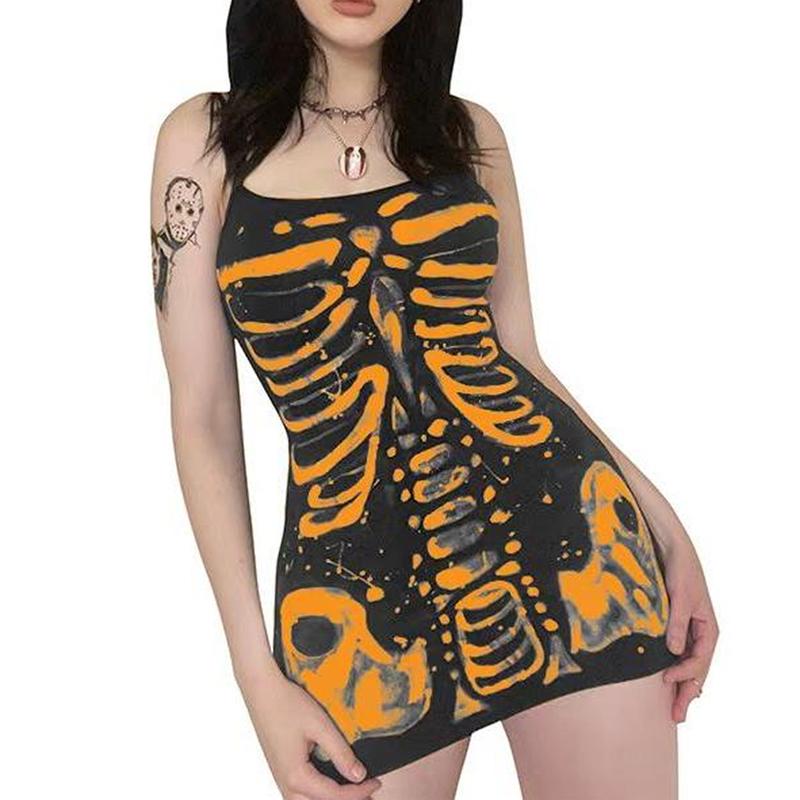 Women Halloween Gothic Bodycon Dress Vintage Spaghetti Strap Sleeveless Skeleton Print Punk Cosplay Dress Goth Grunge Streetwear