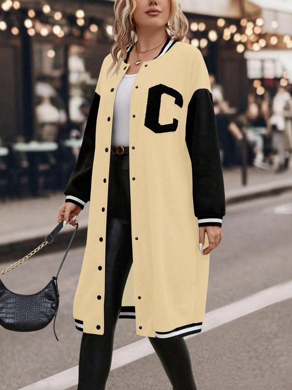 Plus Size Colorblock Letter Print Button Front Drop Shoulder Midi Varsity Jacket, Winter Outfits 2024, Winter Clothes Women, Casual Contrast Binding Long Sleeve Baseball Collar Coat for Daily