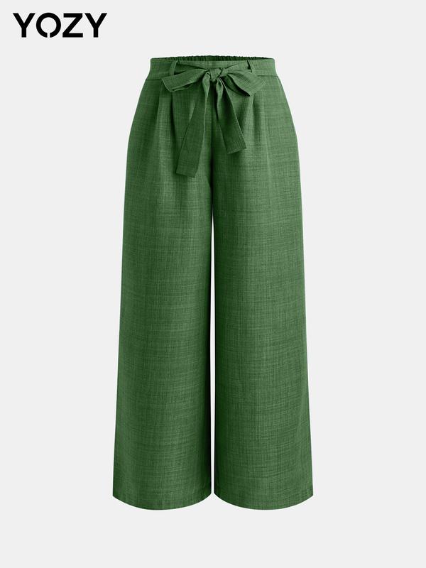 YOZY [2 colors, size 4-14] Pleated Bowknot Belted Wide Leg Pants, Casual Comfy Elastic High Waist Trousers, 2024 Women's Bottoms for All Seasons, S-XXL