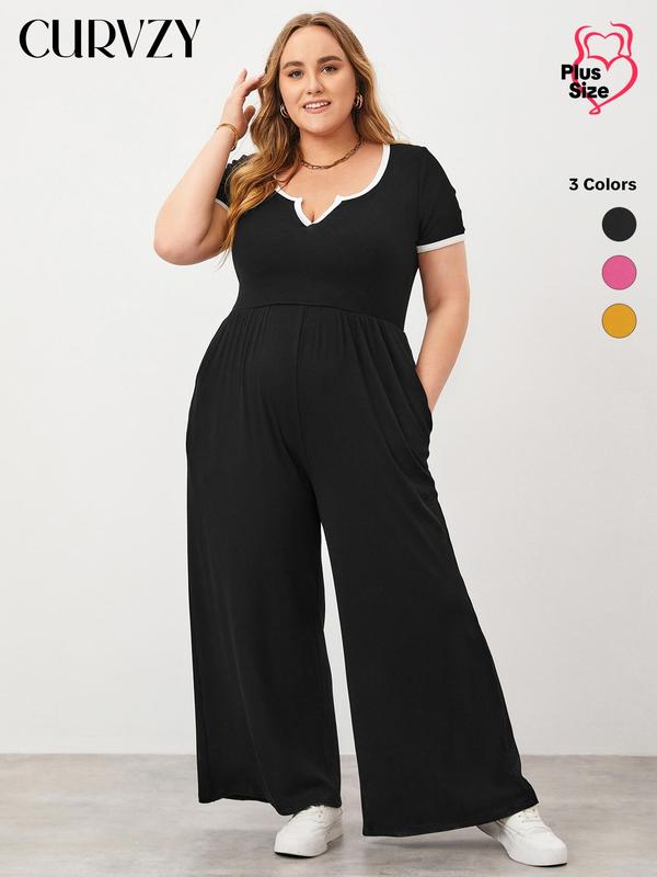 CURVZY Plus Size Contrast Binding Pocket Notched Neck Jumpsuit, Casual Comfort Breathable Short Sleeve Ribbed Jumpsuit for Summer & Fall, Women's Clothing for Daily Wear