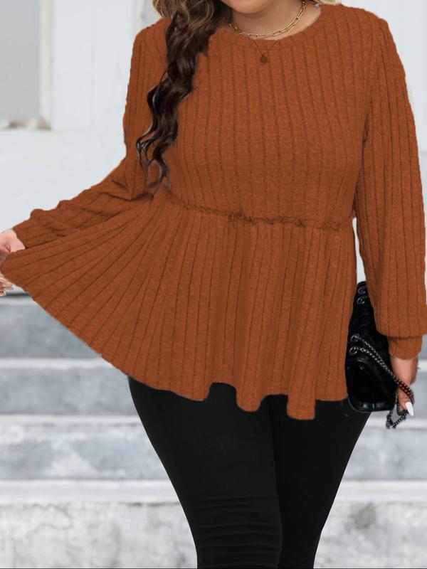 Plus Size Striped Frill Trim Peplum Bishop Sleeve Tee, Casual Long Sleeve Round Neck T-shirt for Fall & Winter, Women's Plus Top Clothing for Daily Wear, Fall Clothes Downtown Girl Clothes