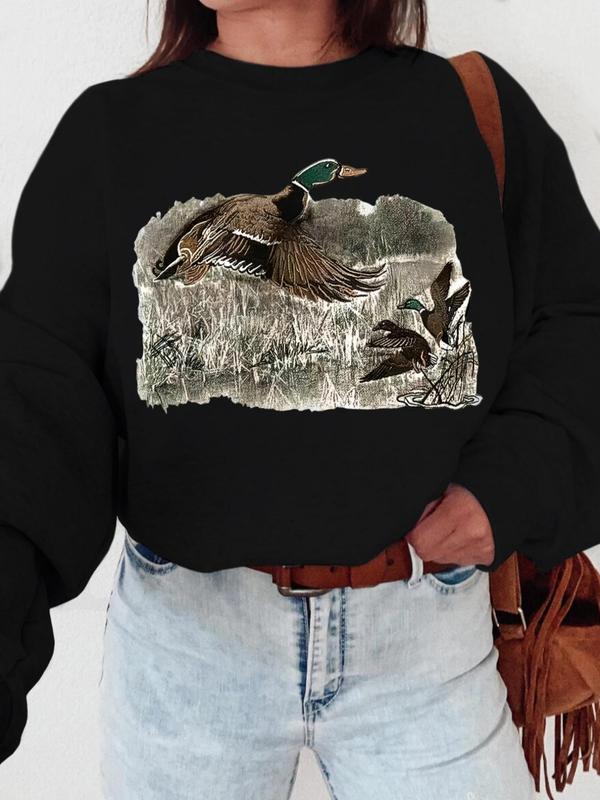 Vintage Duck Print Drop Shoulder Sweatshirt, Casual Long Sleeve Round Neck Pullover for Fall & Winter, Women's Clothes for Daily Wear