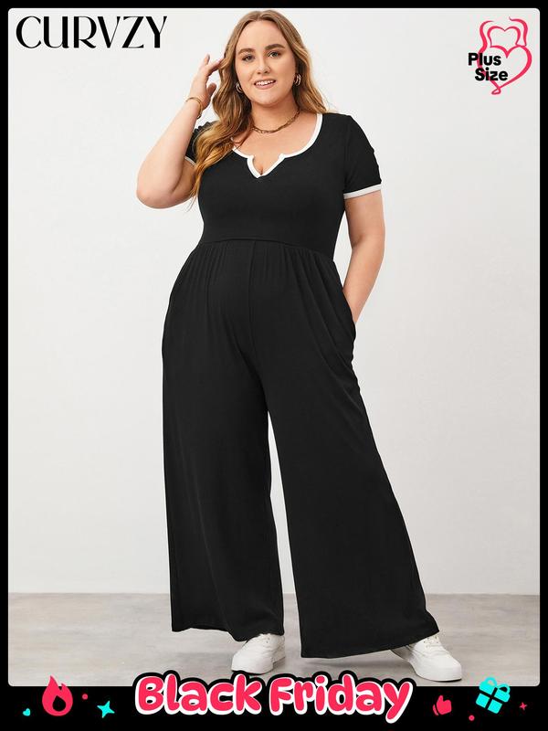 CURVZY Plus Size Contrast Binding Pocket Notched Neck Jumpsuit, Casual Comfort Breathable Short Sleeve Ribbed Jumpsuit for Summer & Fall, Women's Clothing for Daily Wear