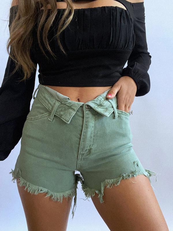 Fold Over Distressed Denim Shorts- Olive Green