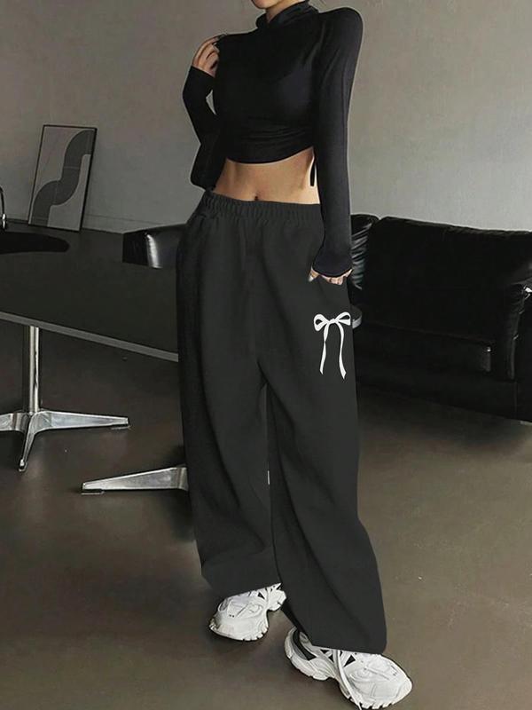 Women's Bow Print Pocket Elastic Waist Sweatpants, Casual Comfy Trousers for Fall & Winter, Women's Bottoms for Daily Wear