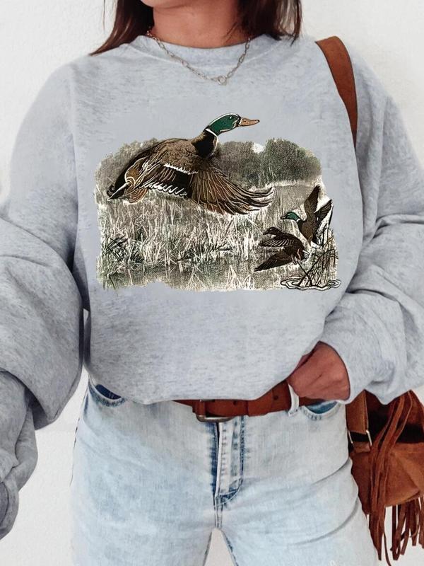 Vintage Duck Print Drop Shoulder Sweatshirt, Casual Long Sleeve Round Neck Pullover for Fall & Winter, Women's Clothes for Daily Wear