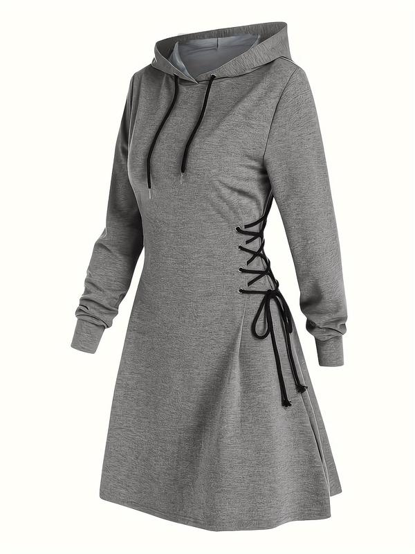 Women's Plain Lace Up Drawstring Hooded Dress, Casual Long Sleeve Dress for Spring & Fall, Women's Clothing for Daily Wear