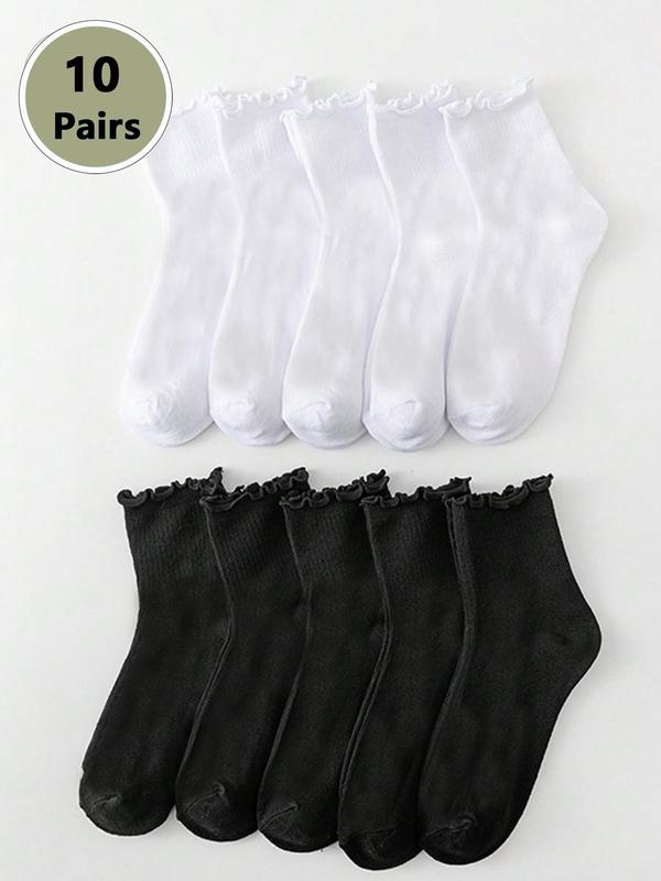 Women's 10 Pairs Solid Color Basic Lettuce Trim Crew Socks, Fashionable Simple Comfy Breathable Socks for Daily Outdoor Wear, Multipack Knit Socks for All Seasons