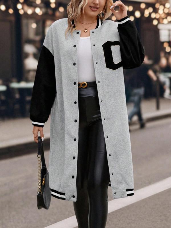 Plus Size Colorblock Letter Print Button Front Drop Shoulder Midi Varsity Jacket, Winter Outfits 2024, Winter Clothes Women, Casual Contrast Binding Long Sleeve Baseball Collar Coat for Daily