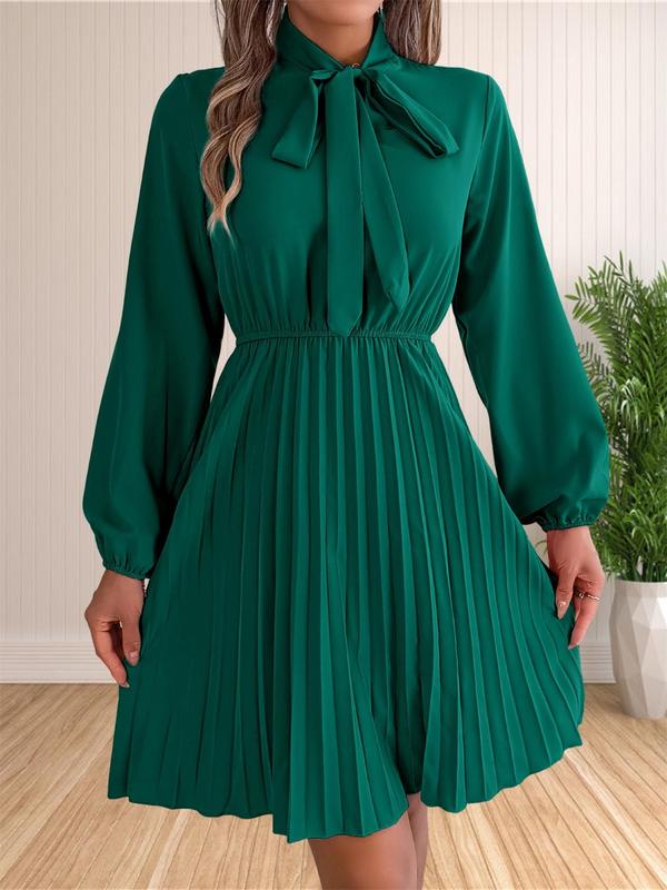 Women's Plain Knot Front Pleated A Line Dress, Elegant Bishop Sleeve Tie Neck Short Dress for Fall & Winter, Women's Clothing for Daily Wear