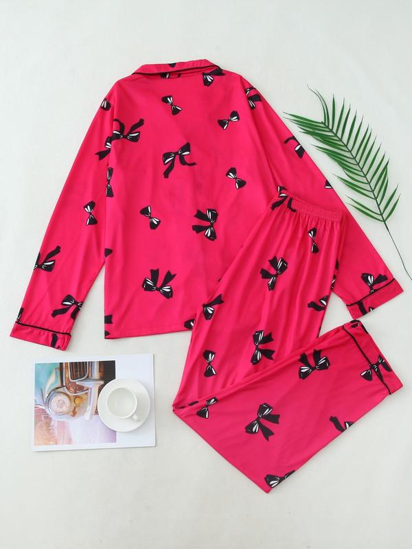 Two-Piece Set Women's All Over Bow Print Lapel Neck Pocket Shirt & Pants Pyjama, Casual Comfy Long Sleeve Top & Trousers PJ Set, Women's Sleepwear for Spring & Fall