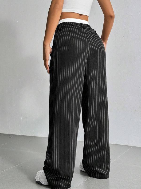 Women's Striped Print Plicated Straight Leg Pants, Casual Comfy Pocket Trousers for Daily Wear, Ladies Bottoms for Fall & Winter, Preppy 80s Clothes