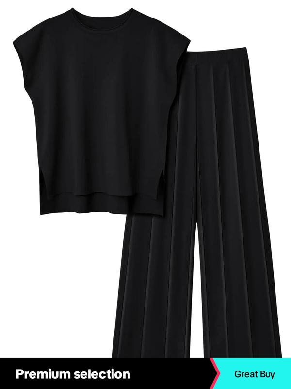 Two-piece Set Women's Solid Color High Low Hem Top & Pleated Straight  Leg Pants Loungewear, Casual Comfy Split Hem Top & Trousers Pj Set, Ladies Sleepwear for All Seasons