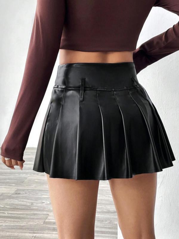 Women's Solid Color Pleated Skirt, Elegant Fashion PU Leather Skirt for Daily Outdoor Wear, Women Clothing for Fall & Winter