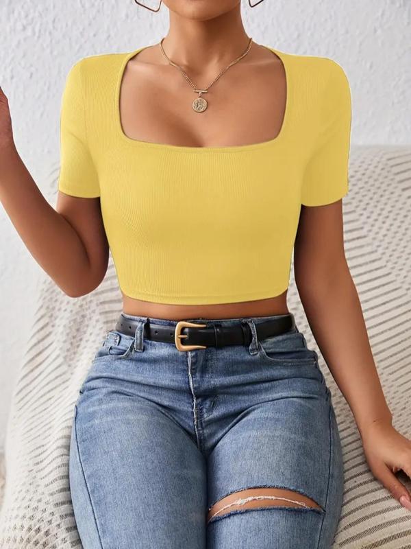 Women's Casual Minimalist Solid Square Neck Short Sleeve Ribbed Skinny Crop Tee, Summer Clothes Women, Lady Basic Trendy Slim-fit Shortsleeve T-shirt Crop Tops