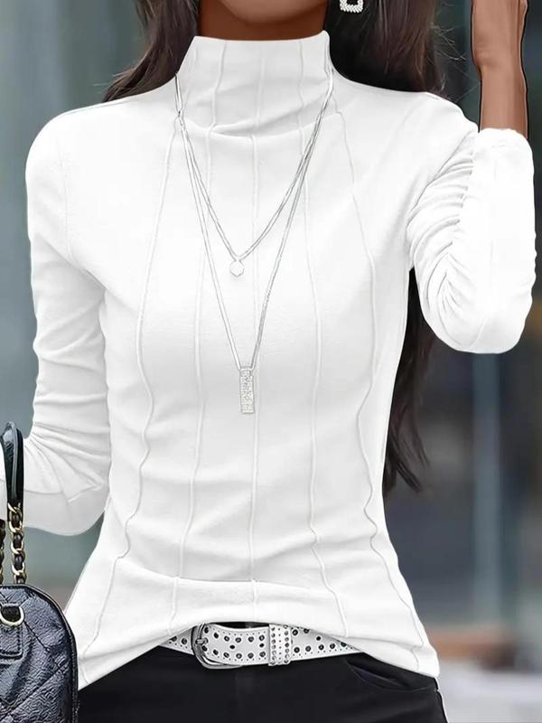 Women's Solid Turtle Neck Ribbed Tee, Casual Long Sleeve T-shirt for Daily Wear, Ladies Clothes for All Seasons