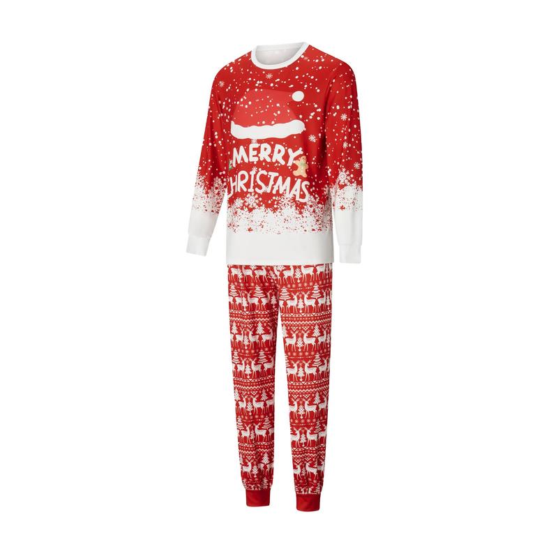 Red Christmas Family Pajamas Matching Set Letter Santa Hat Print Long Sleeve Tops and Elk Print Pants Sleepwear