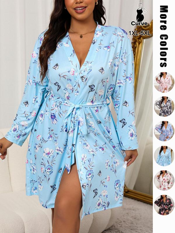 Plus Size Butterfly & Floral Print Belted Wrap Lounge Robe, Casual Long Sleeve V Neck Tie Front Pajama Robe,  Pajama Sets Women, Women's Sleepwear for All Seasons