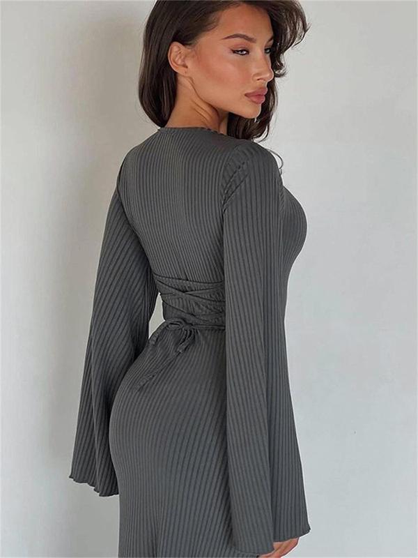 Women's Chic Minimalist Striped Print Lace Up Back Lettuce Hem Long Dress, Lady Elegant Basic Comfort Square Neck Flounce Sleeve T Shirt Dress for Fall, Dresses for Women, Women's Back To School Clothes, Downtown Girl Clothes