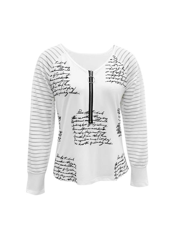 Women's Letter & Striped Print Zipper Raglan Sleeve Tee, T Shirts for Women, Casual Long Sleeve V Neck T-shirt for Spring & Fall, Summer Tops, Summer Clothes, Fashion Women's Top for Daily Wear