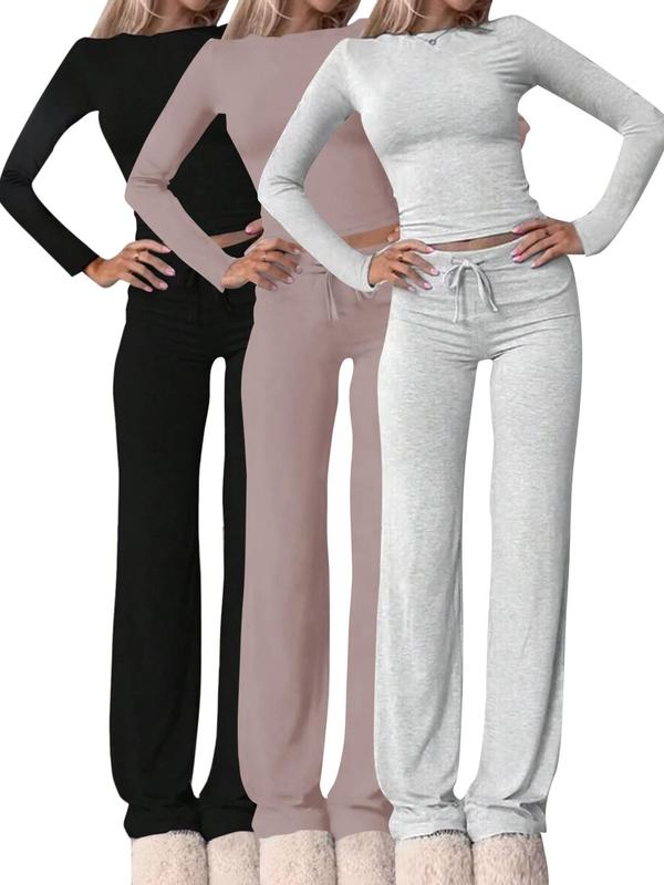 Women's Solid Long Sleeve Crop Tee & Drawstring Waist Pants Loungewear Set, Casual Comfy Round Neck Top & High Waist Trousers Pj Set, Ladies Sleepwear for Fall & Winter