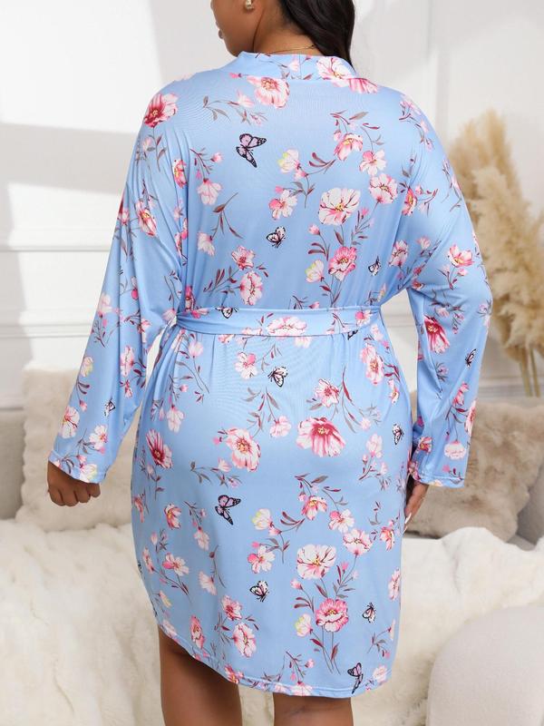 Plus Size Butterfly & Floral Print Belted Wrap Lounge Robe, Casual Long Sleeve V Neck Tie Front Pajama Robe,  Pajama Sets Women, Women's Sleepwear for All Seasons