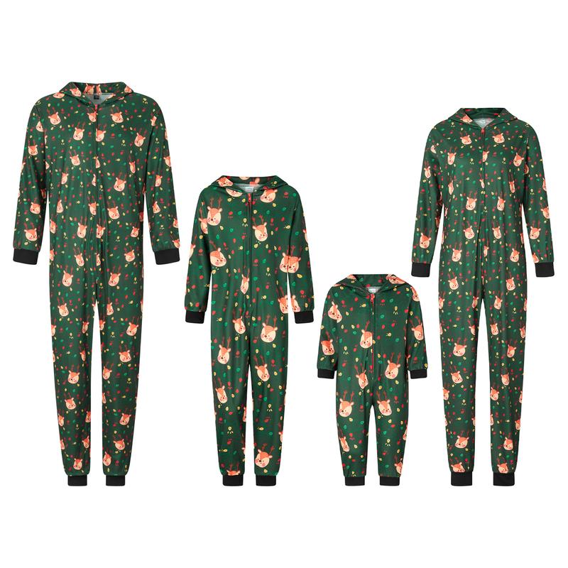 Family Christmas Pajamas Couples Kids Matching Lounge Sets Long Sleeve Hooded Deer Print Zipper Jumpsuit Sleepwear